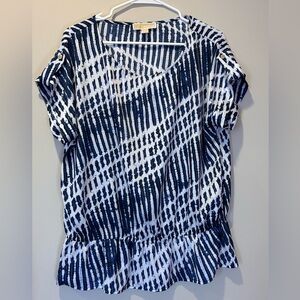 Michael Kors Blue White XL Blouse Top Boho Classy Gold Button & Gathered Details